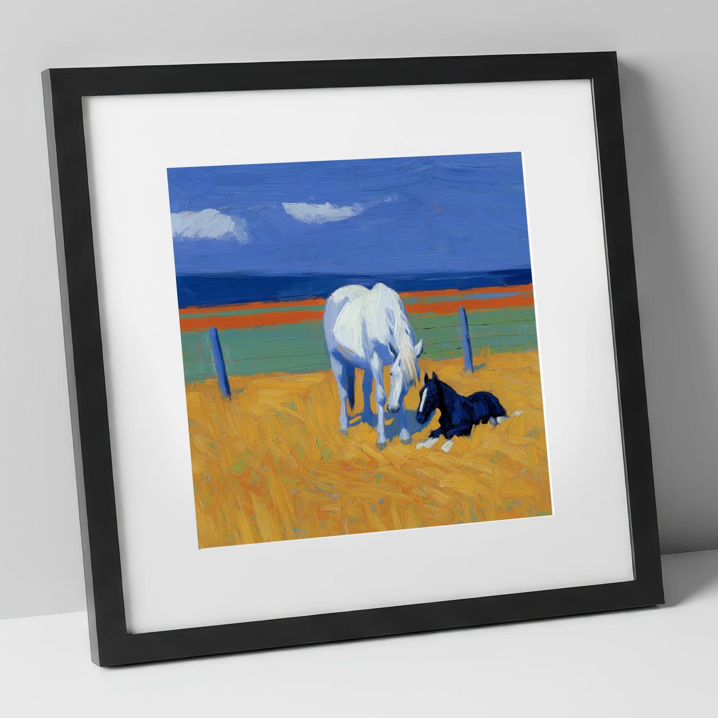 Sunlit Mare and Foal mare & foal art print in black frame