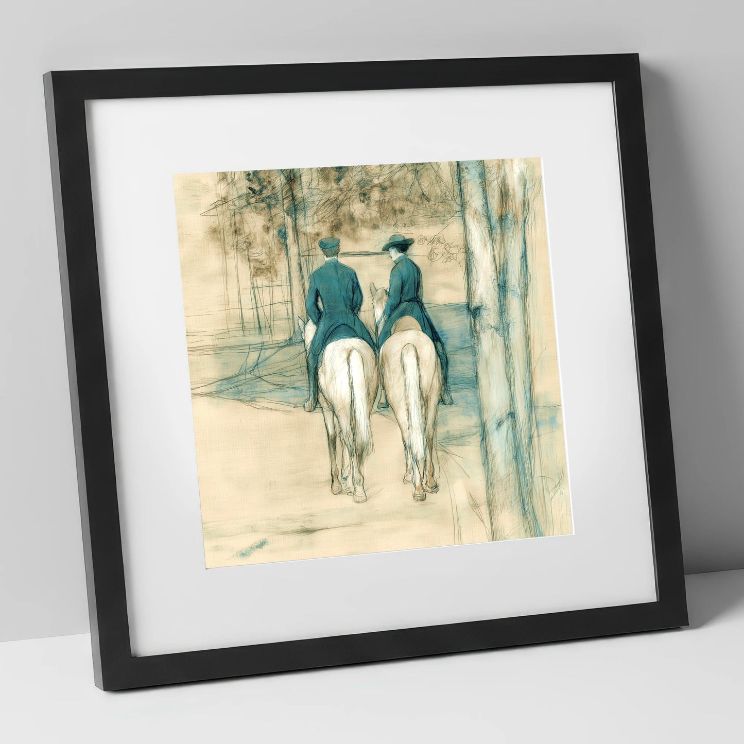 The Woodland Hack horse & rider art print in black frame