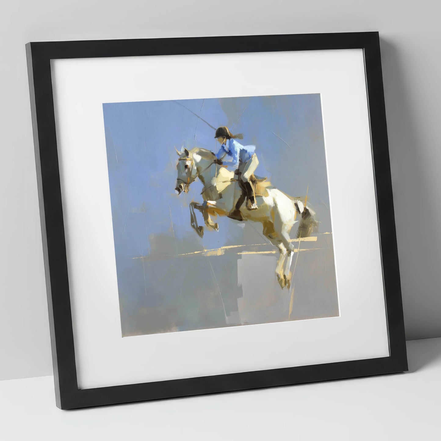 Soaring in Slate show jumping horse art print in black frame