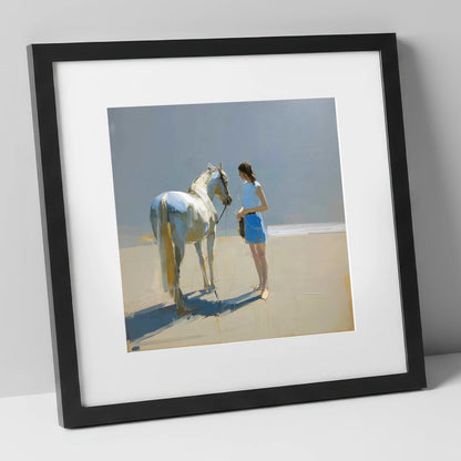 Sunlit Serenity in Blue horse & rider art print in black frame