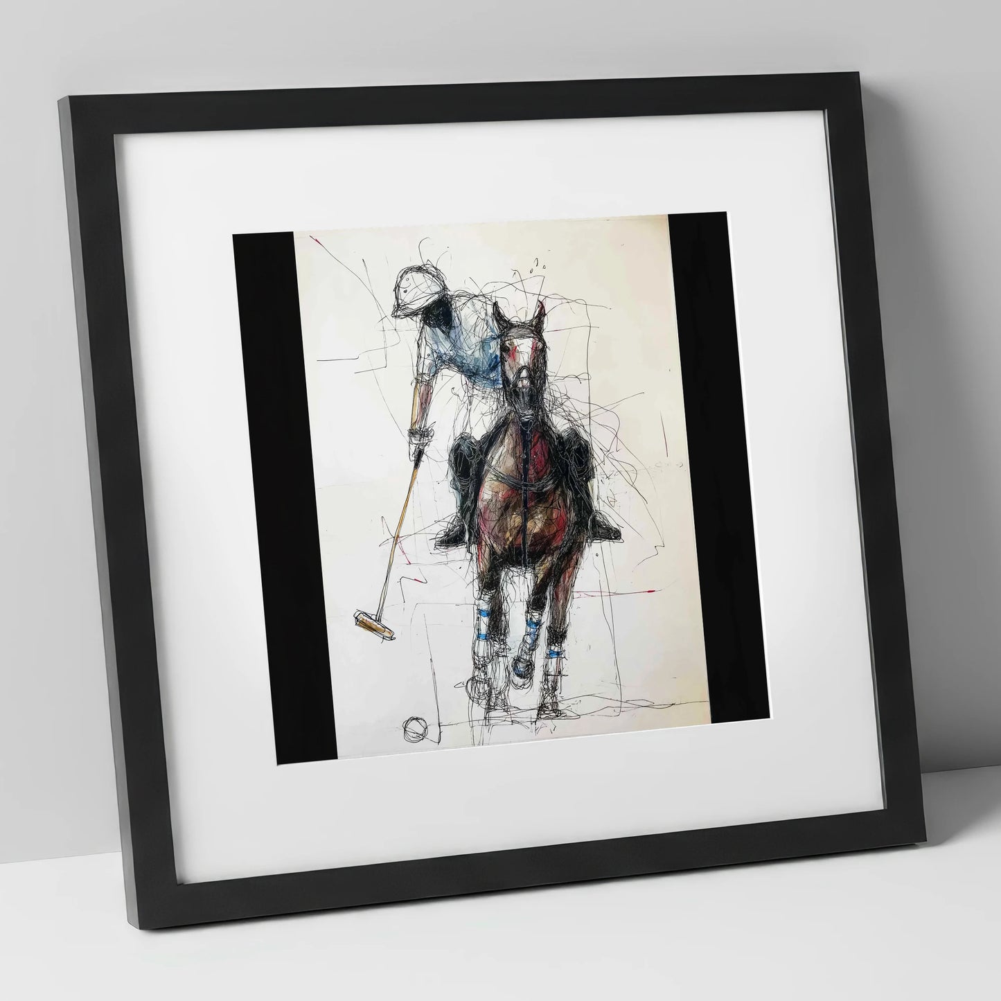 Full Gallop Focus polo horse art print in black frame