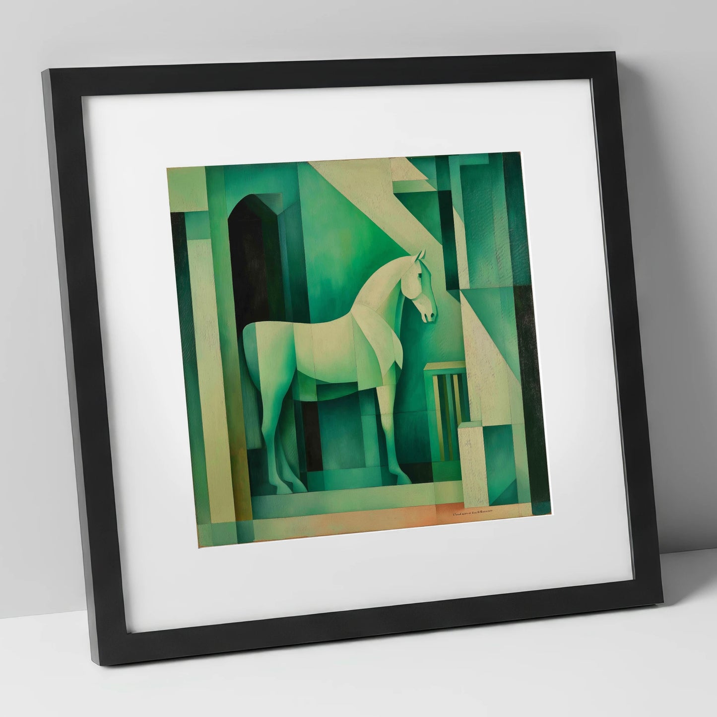 Emerald Stall Geometry horse stable art print in black frame