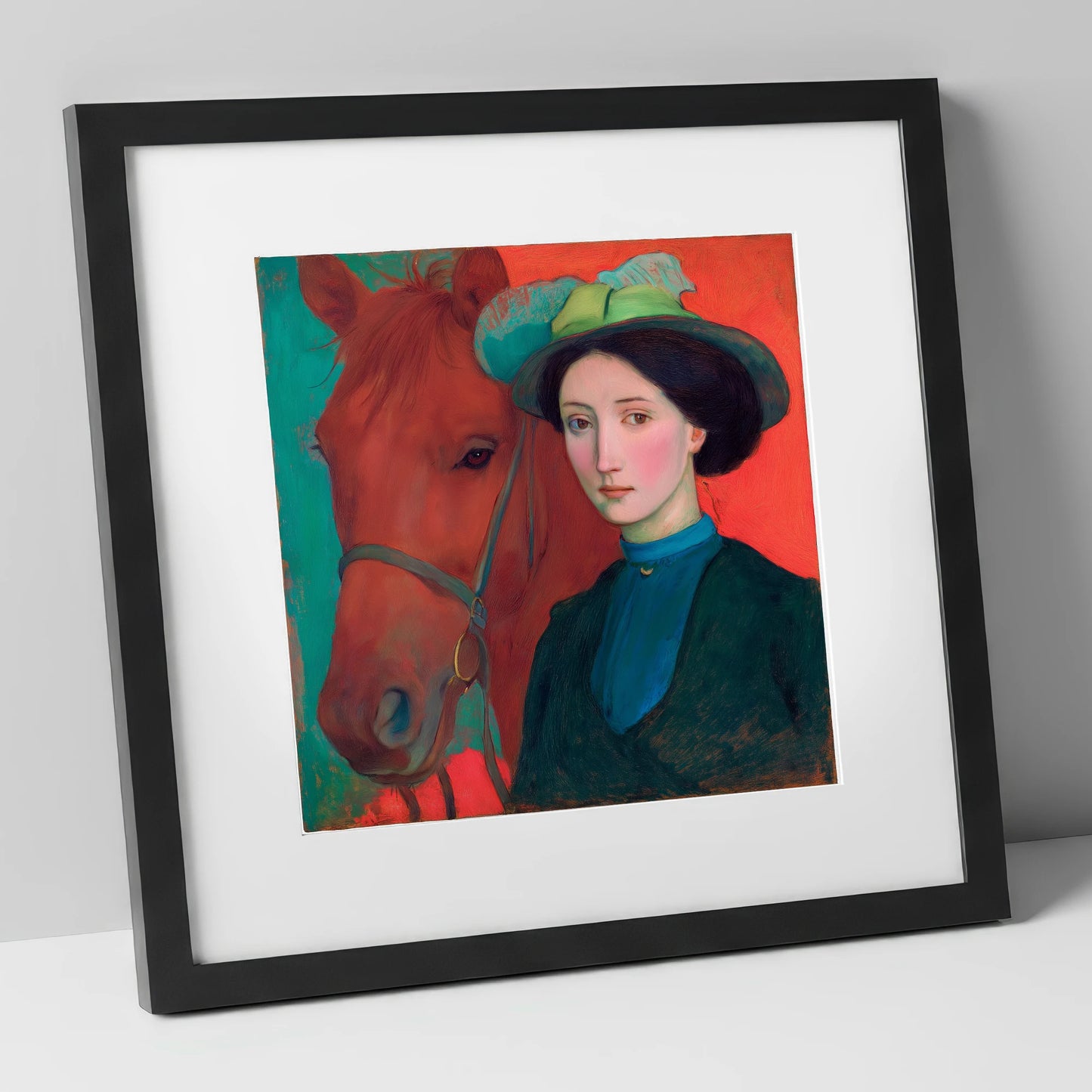 Crimson and Teal Bond horse & rider art print in black frame