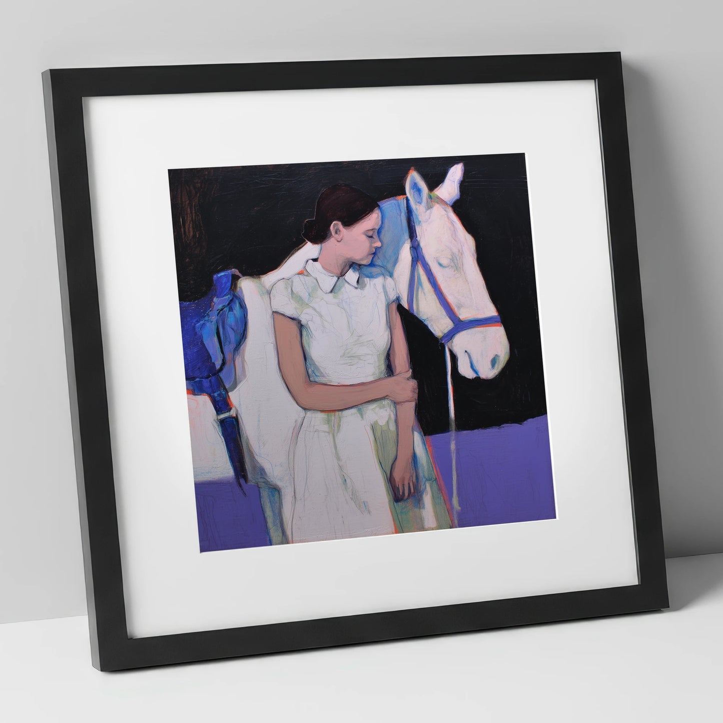 The Indigo Bond horse & rider art print in black frame