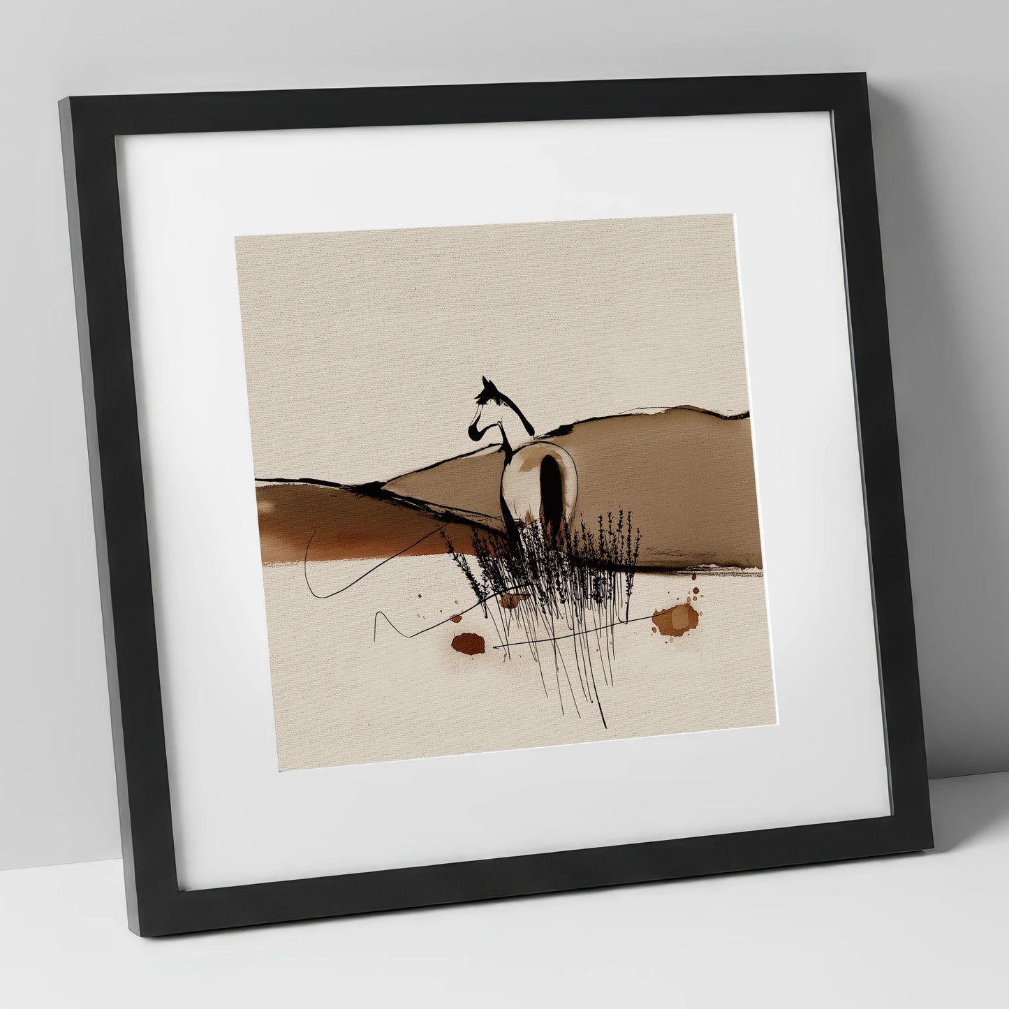 Sepia Ridge Observer horse landscape art print in black frame