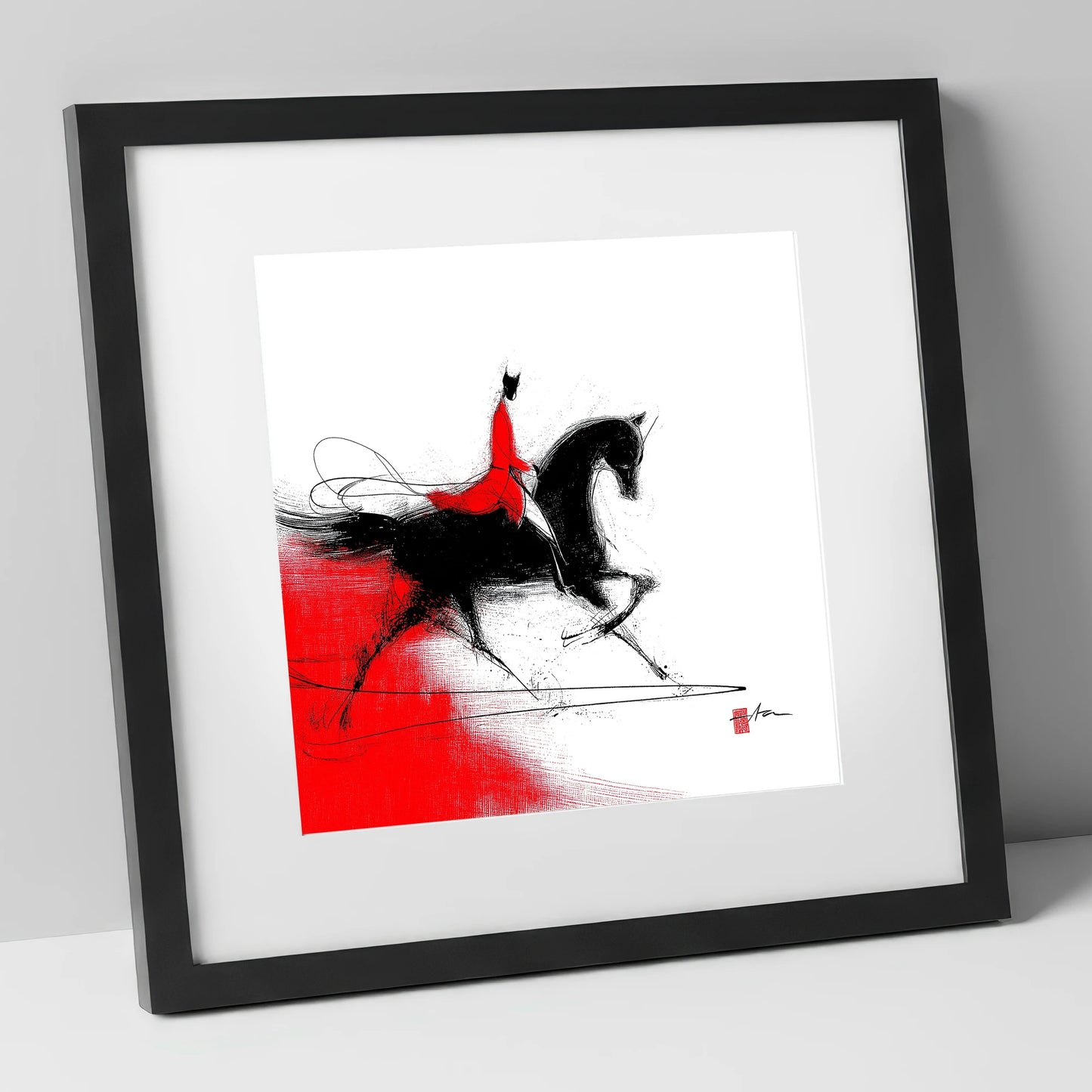 Silhouette in Crimson dressage horse art print in black frame
