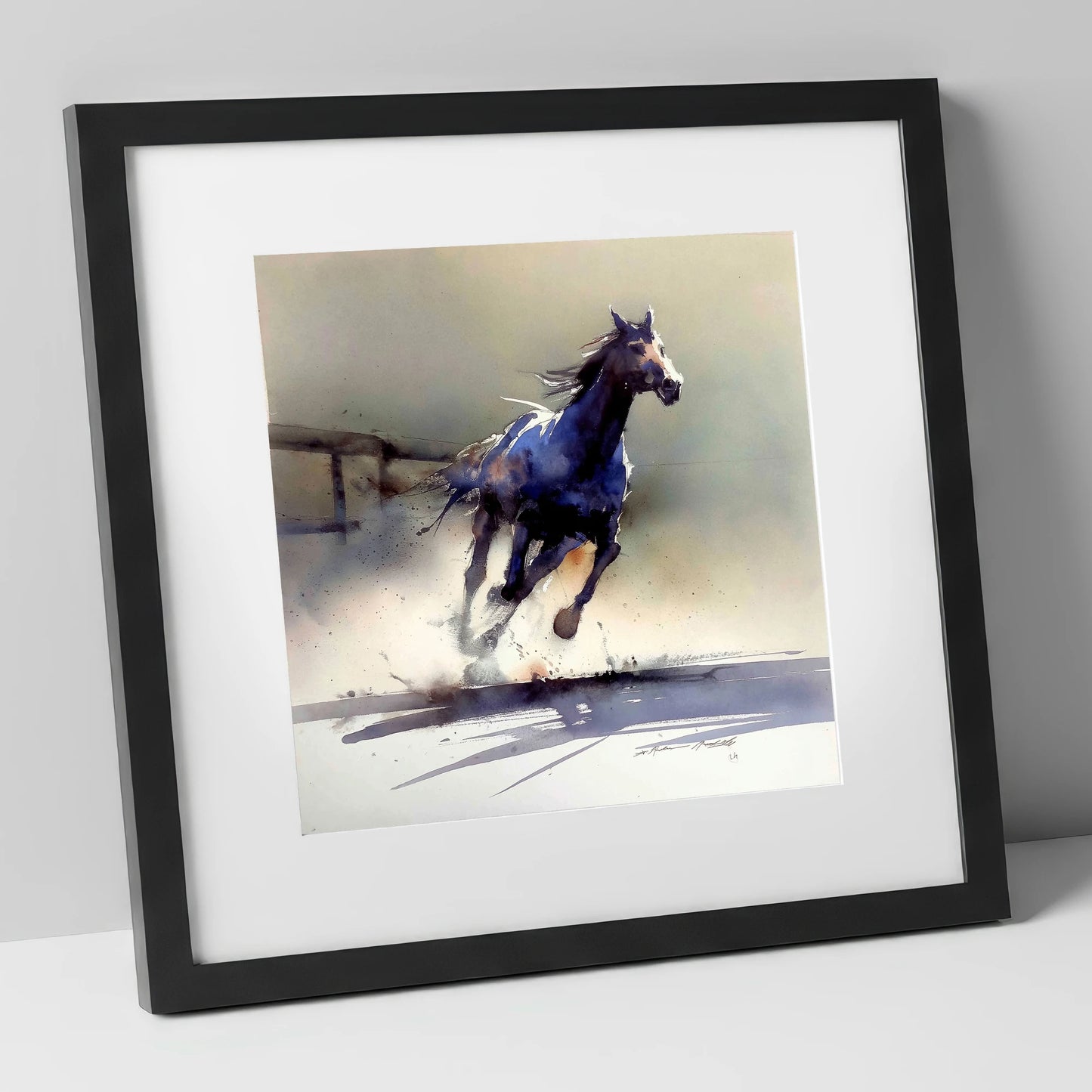 The Breakaway racing horse art print in black frame