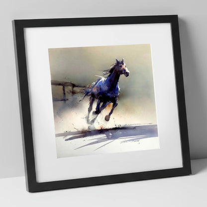 The Breakaway racing horse art print in black frame