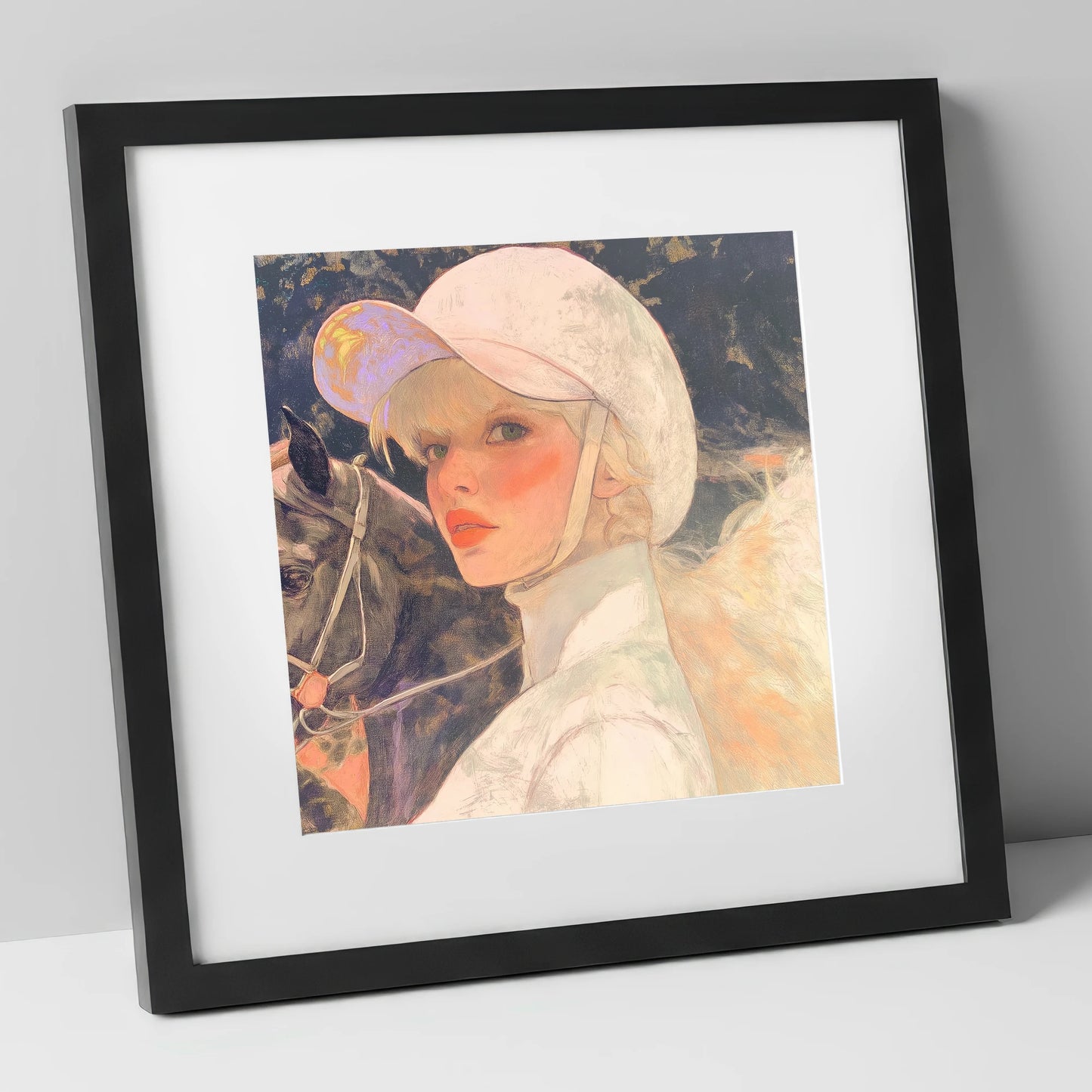 The Jockey's Gaze racing horse art print in black frame