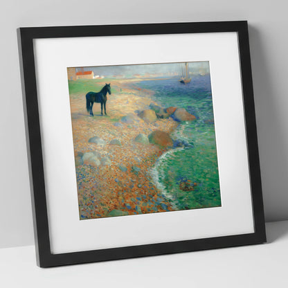 Shoreline Solitude horse landscape art print in black frame
