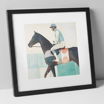 Aquamarine Stride racing horse art print in black frame