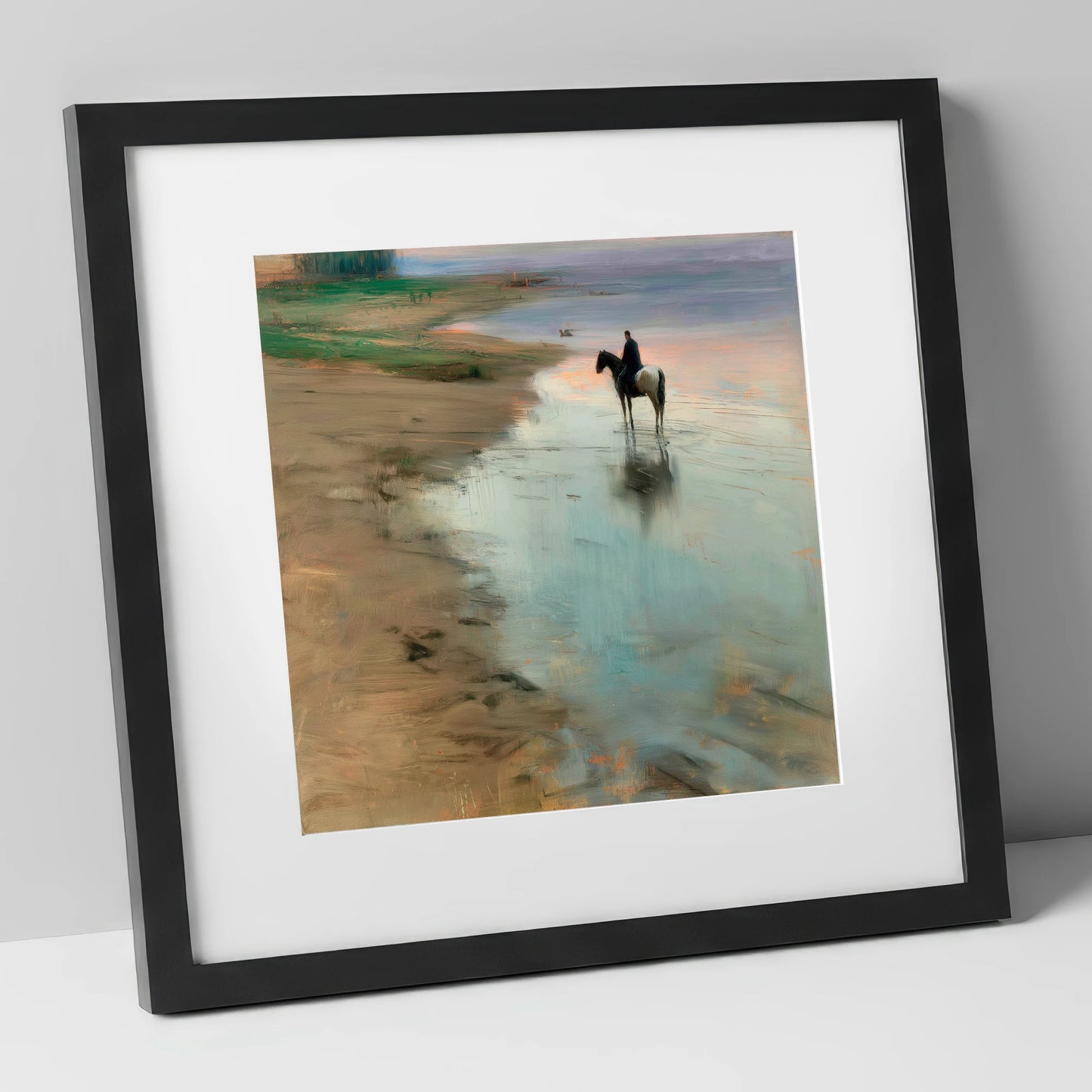 Tide Line Reflections horse landscape art print in black frame