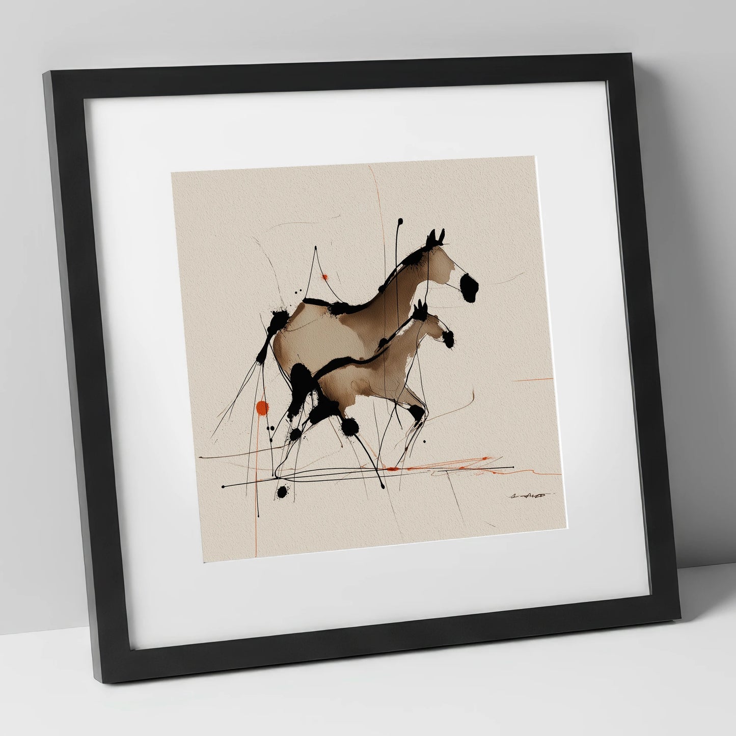 Sepia Shadows mare & foal art print in black frame