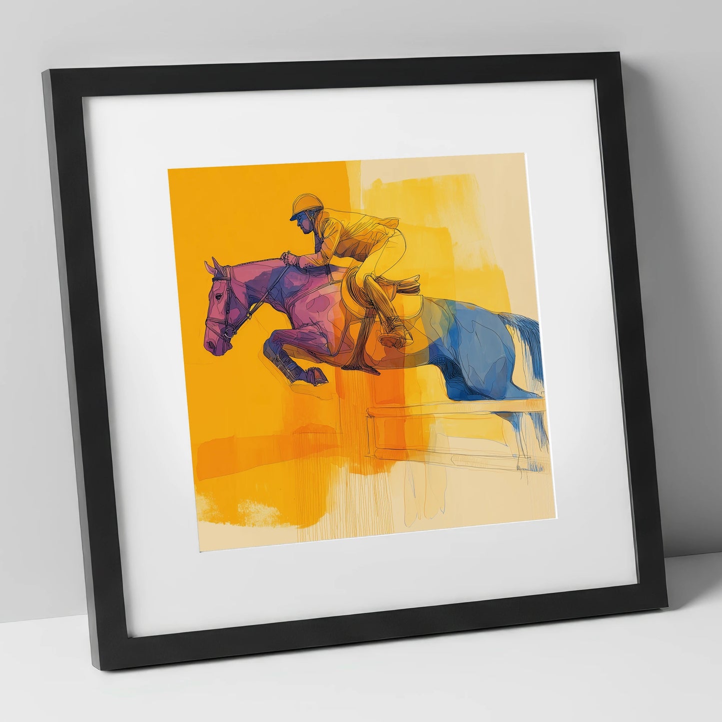 The Colour of Flight show jumping horse art print in black frame
