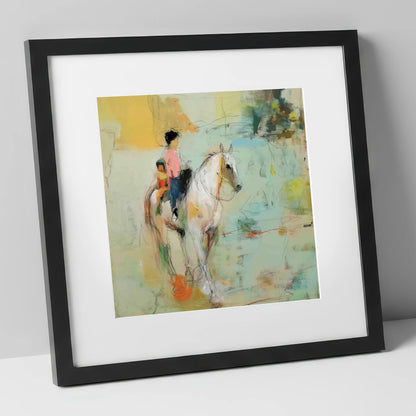 The Shared Ride horse & rider art print in black frame