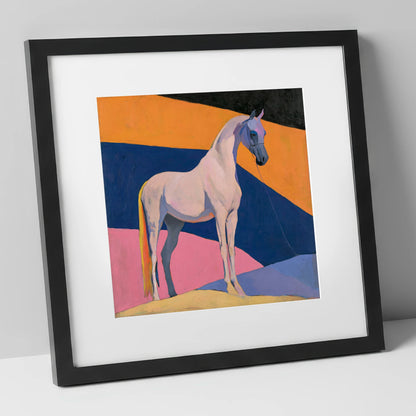 Grey Arabian Against Geometric Colours horse breed art print in black frame