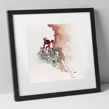 Crimson Surge racing horse art print in black frame