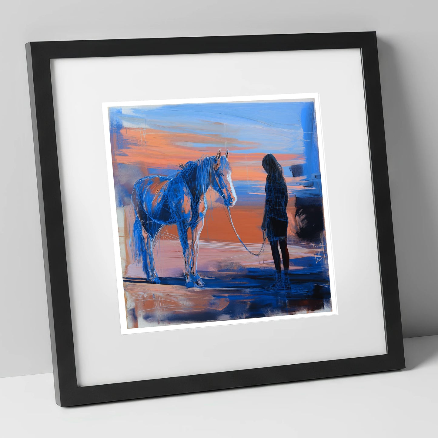 The Quiet Language horse & rider art print in black frame