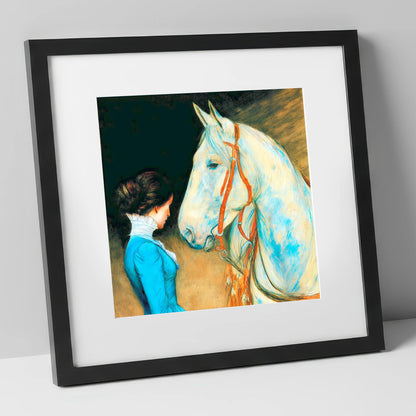 Cerulean Connection horse & rider art print in black frame