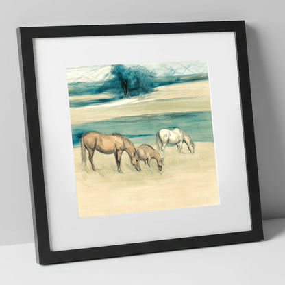 Tranquil Teal Pastures mare & foal art print in black frame