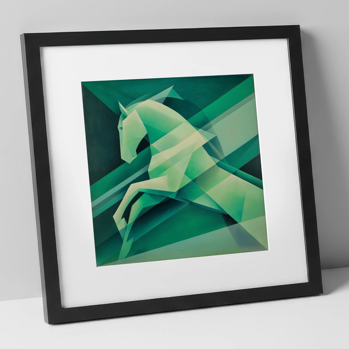 Emerald Geometric Leap show jumping horse art print in black frame