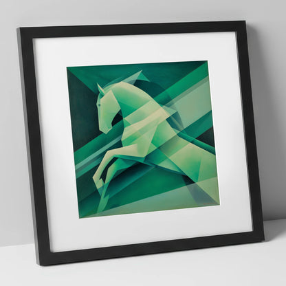 Emerald Geometric Leap show jumping horse art print in black frame