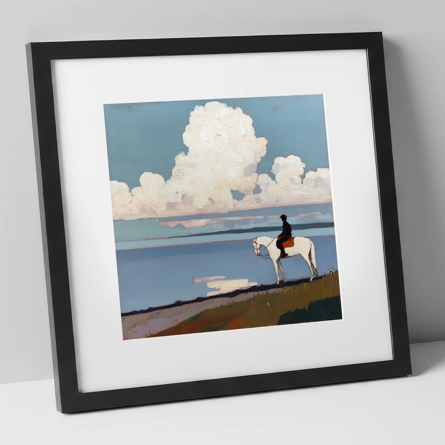Coastal Contemplation beach horse art print in black frame