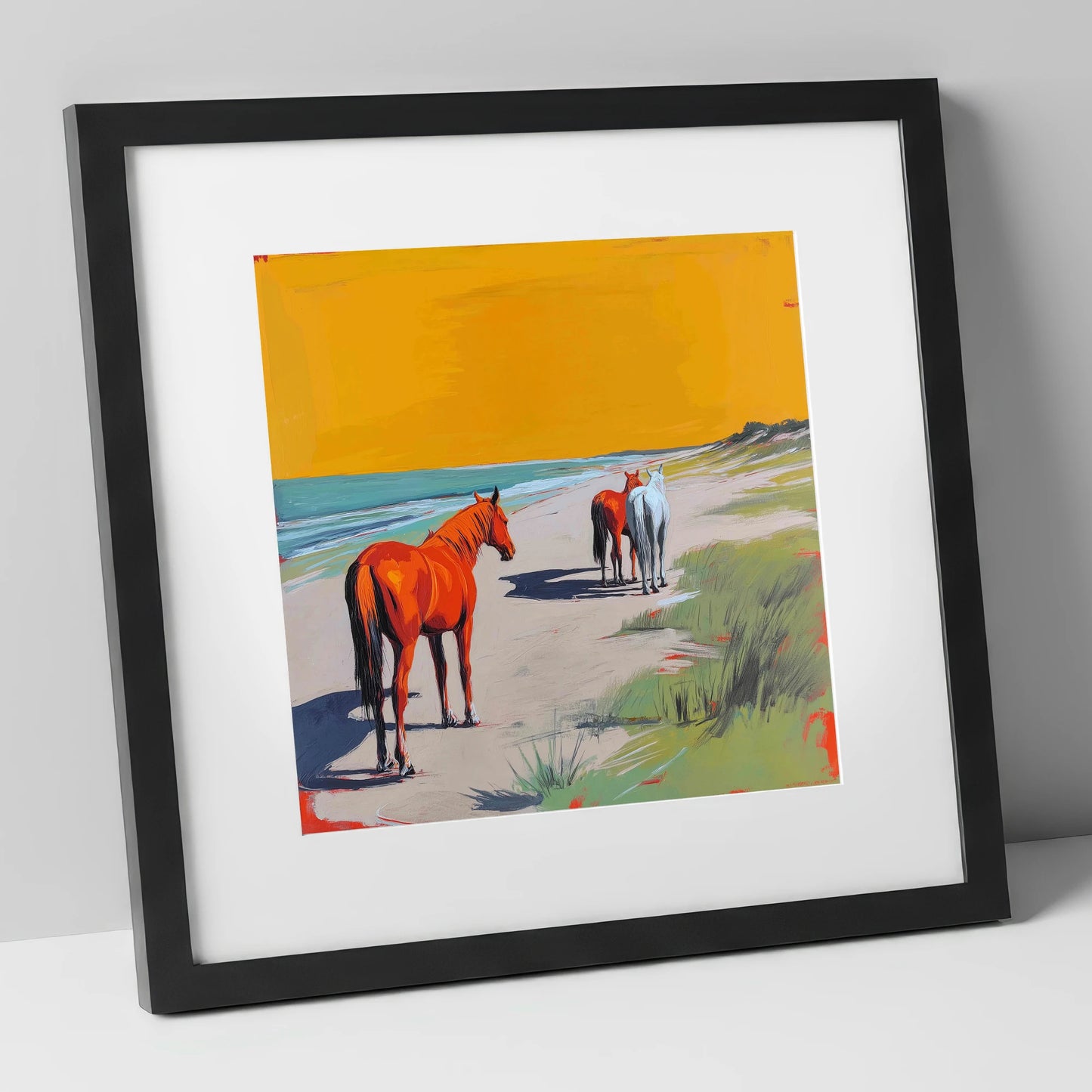 Golden Sands Companions horse landscape art print in black frame