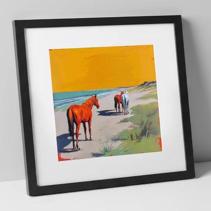 Golden Sands Companions horse landscape art print in black frame