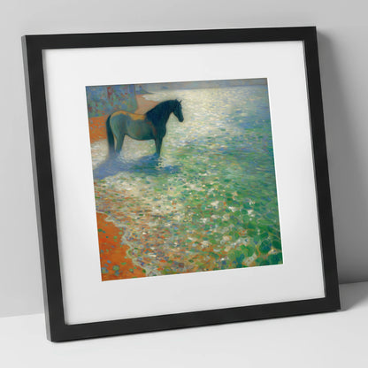 Sunlit Coastal Shallows beach horse art print in black frame