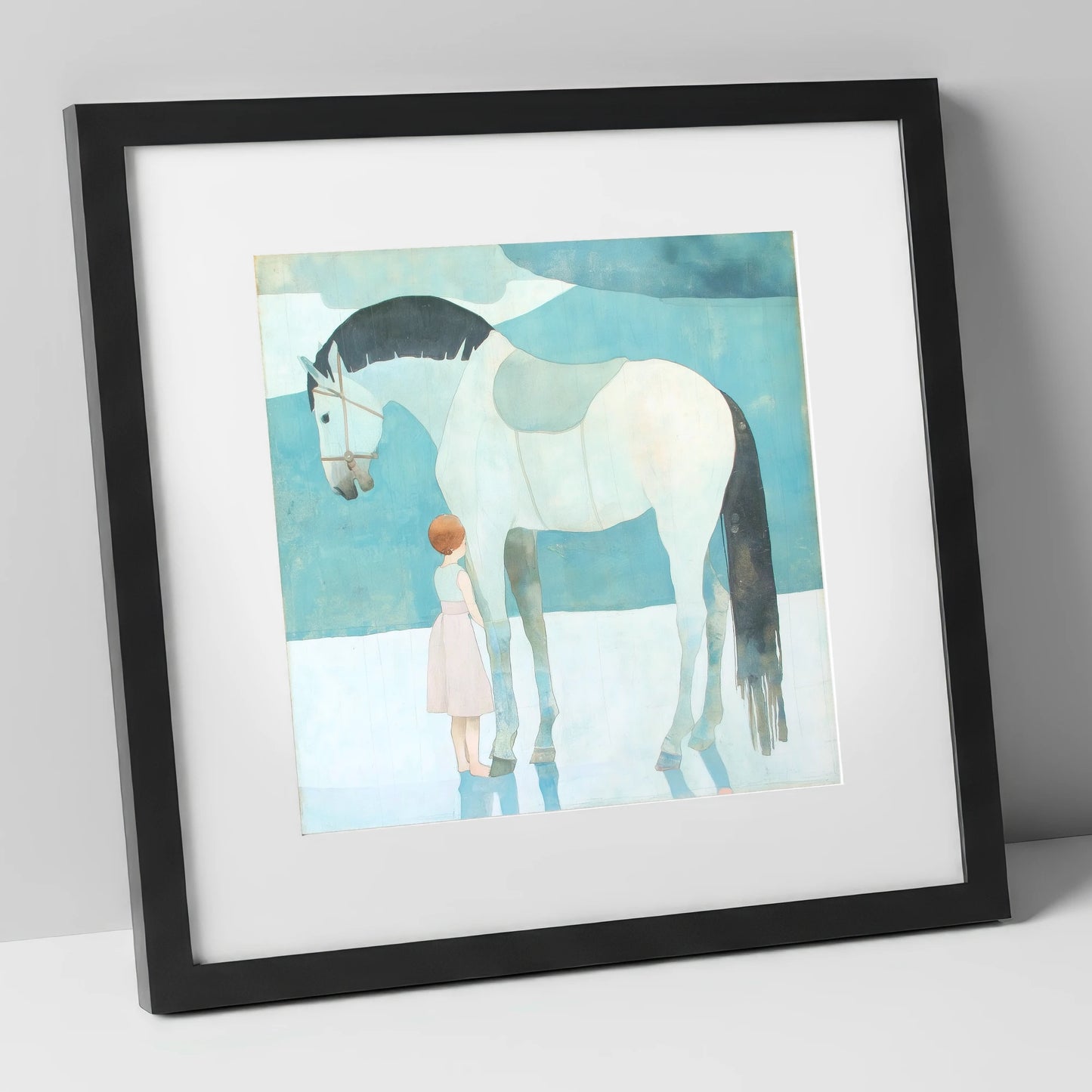 Quiet Trust horse & rider art print in black frame
