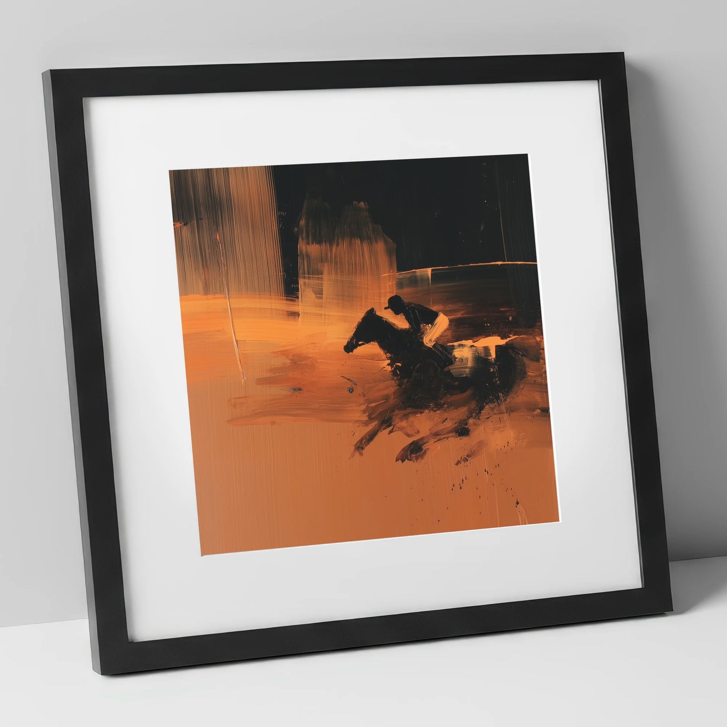 Amber Racing Silhouette racing horse art print in black frame
