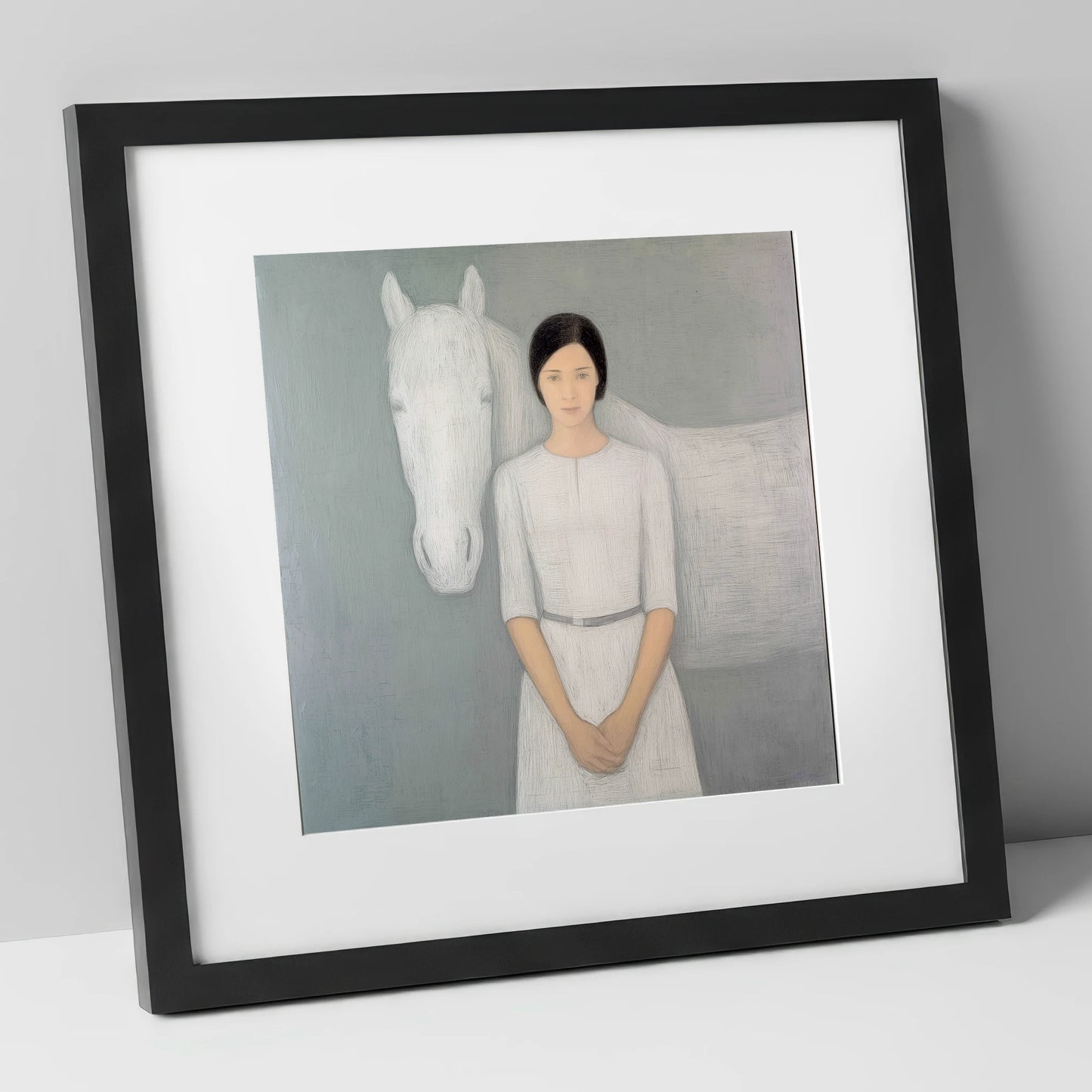 Quiet Connection horse & rider art print in black frame