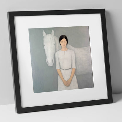 Quiet Connection horse & rider art print in black frame