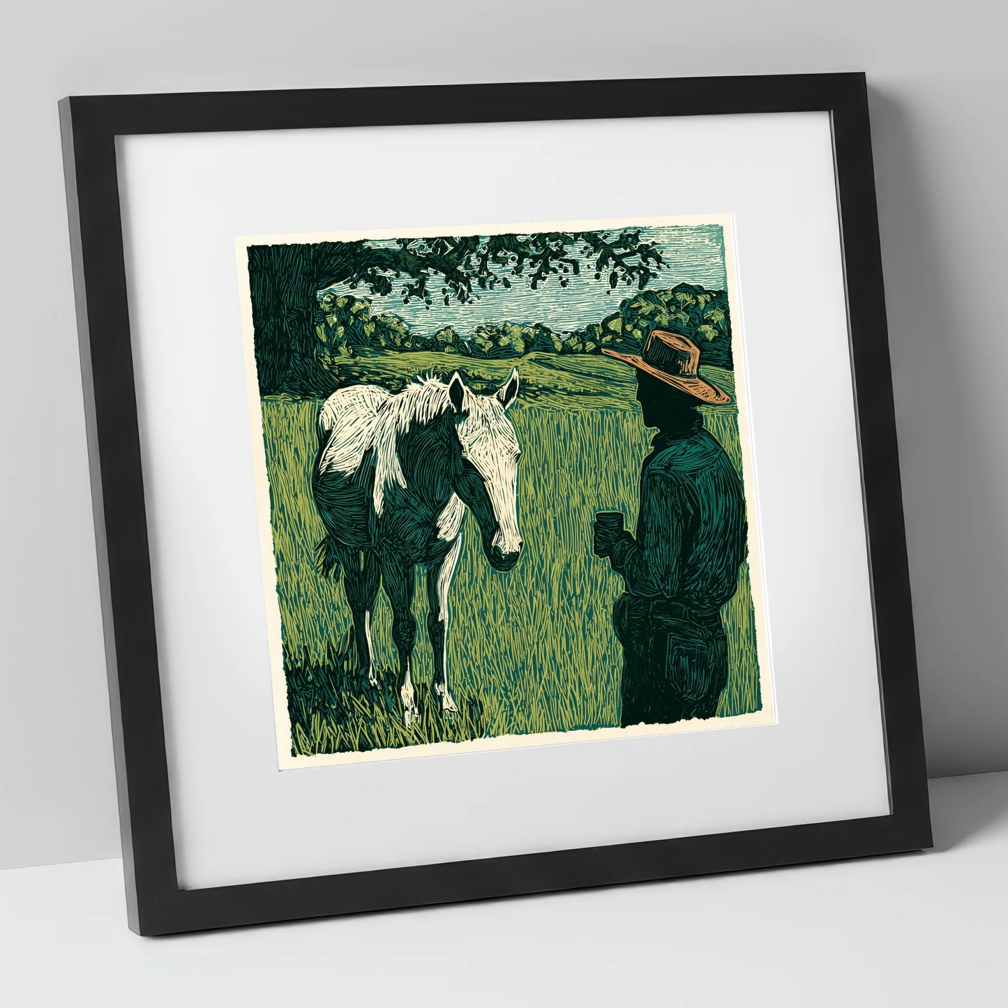 Morning Field Companion horse & rider art print in black frame