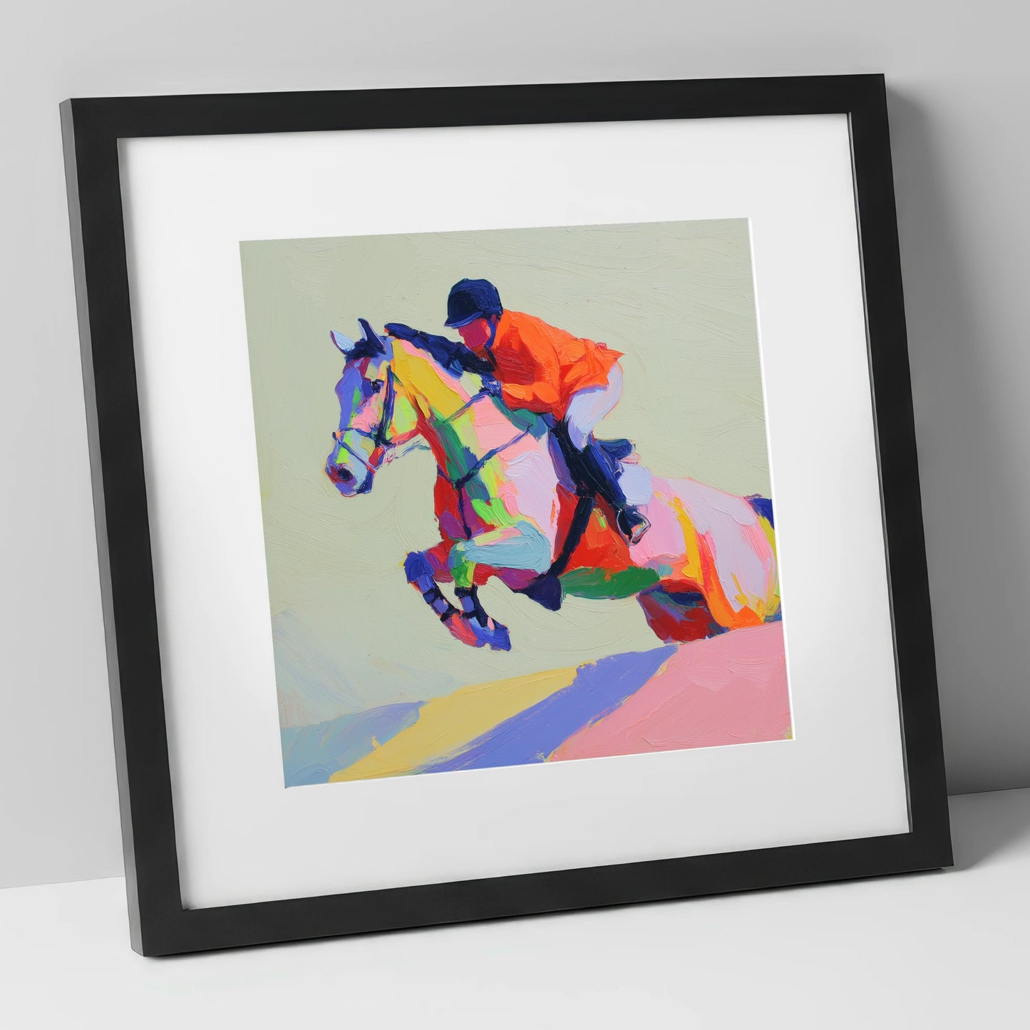 Technicolour Flight show jumping horse art print in black frame