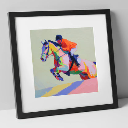 Technicolour Flight show jumping horse art print in black frame