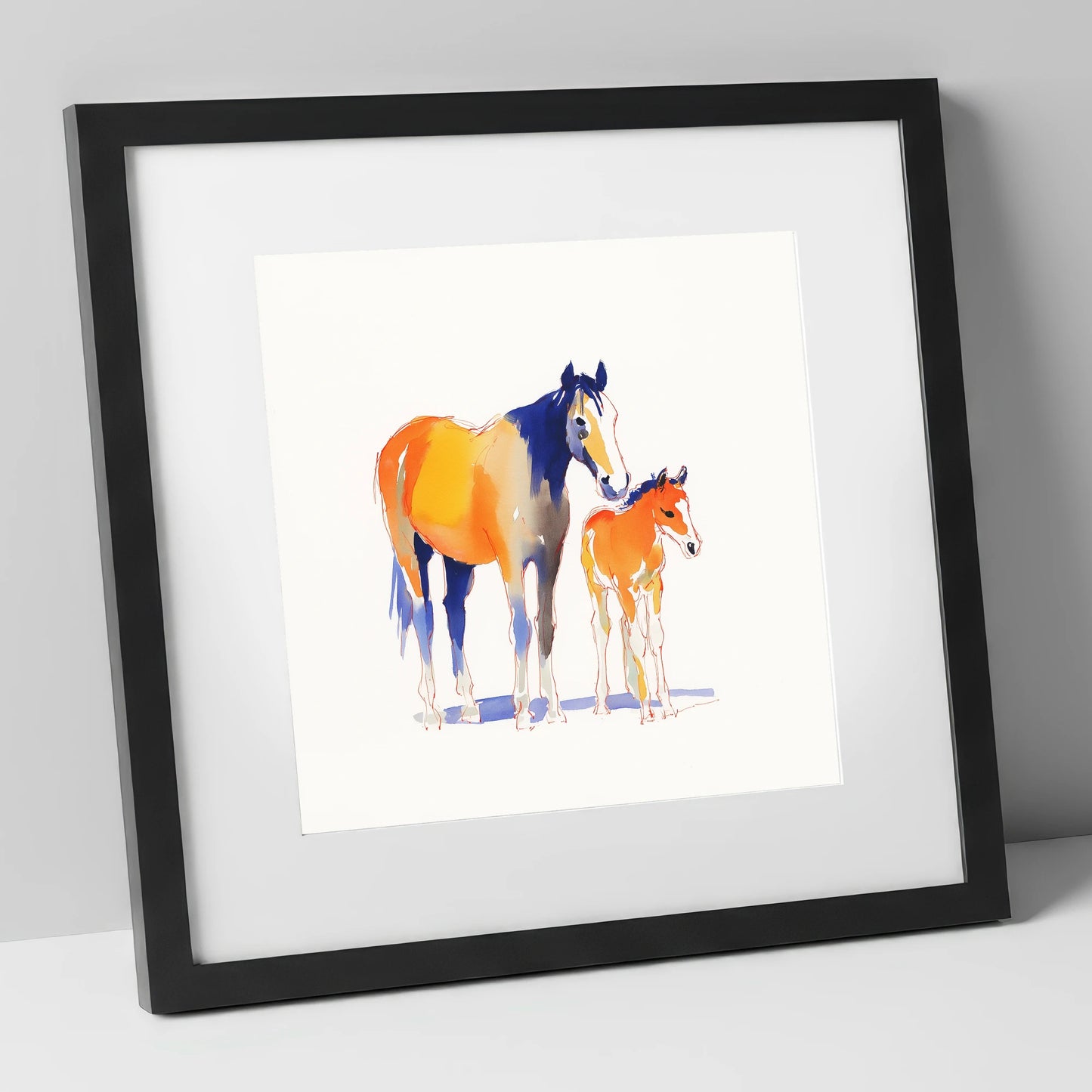 Sunlit Bond mare & foal art print in black frame