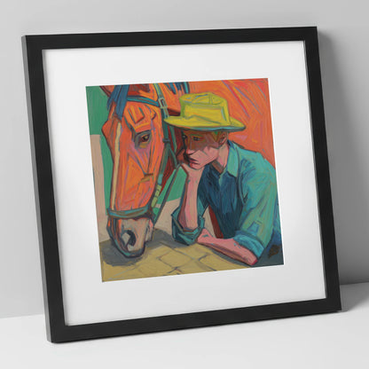 Quiet Companionship horse & rider art print in black frame