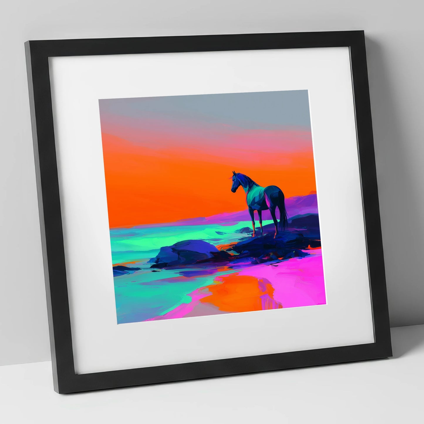 Neon Horizon Vigil horse landscape art print in black frame