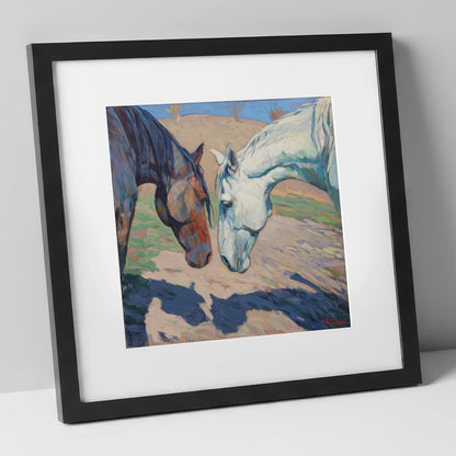 Sunlit Companions horse portrait art print in black frame