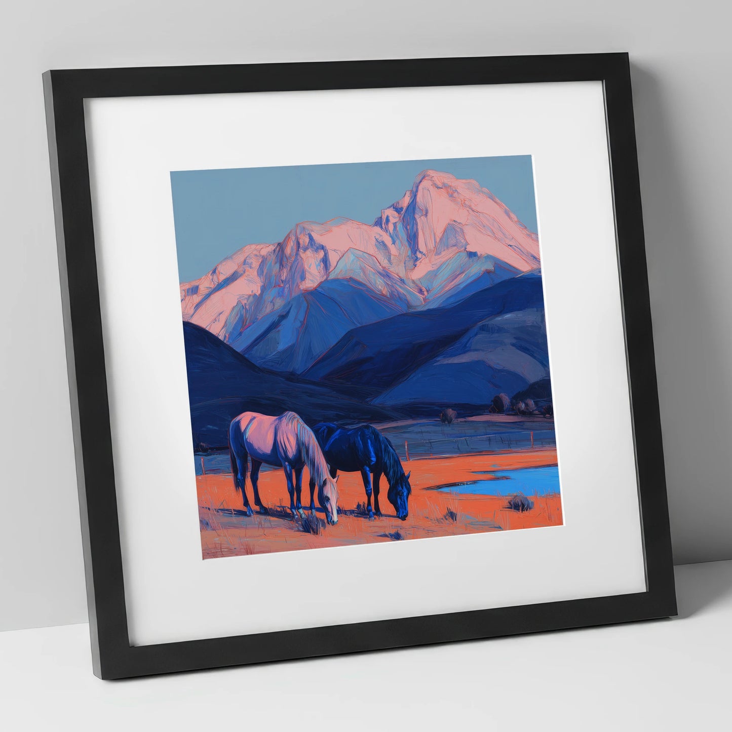 Indigo Mountain Pastures horse landscape art print in black frame