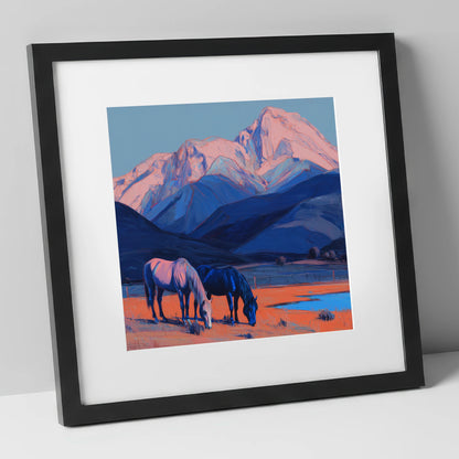 Indigo Mountain Pastures horse landscape art print in black frame