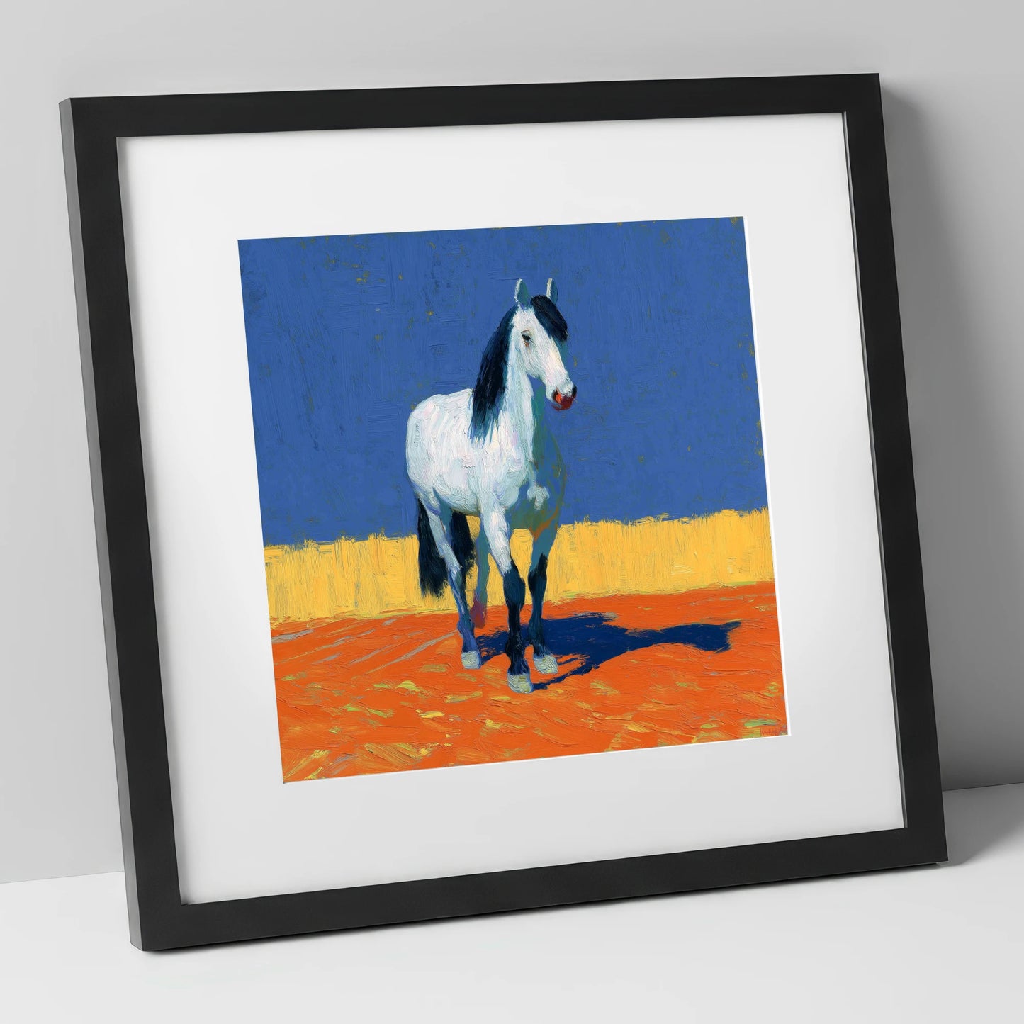 Vivid Horizon Grey horse breed art print in black frame