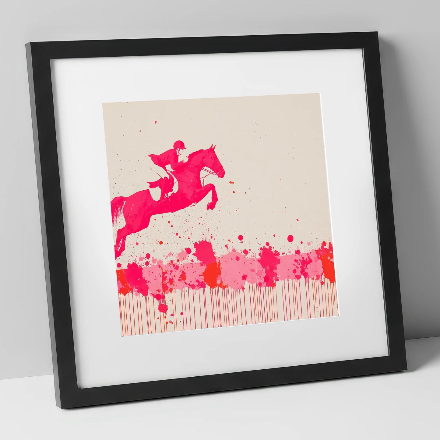 Magenta Flight show jumping horse art print in black frame