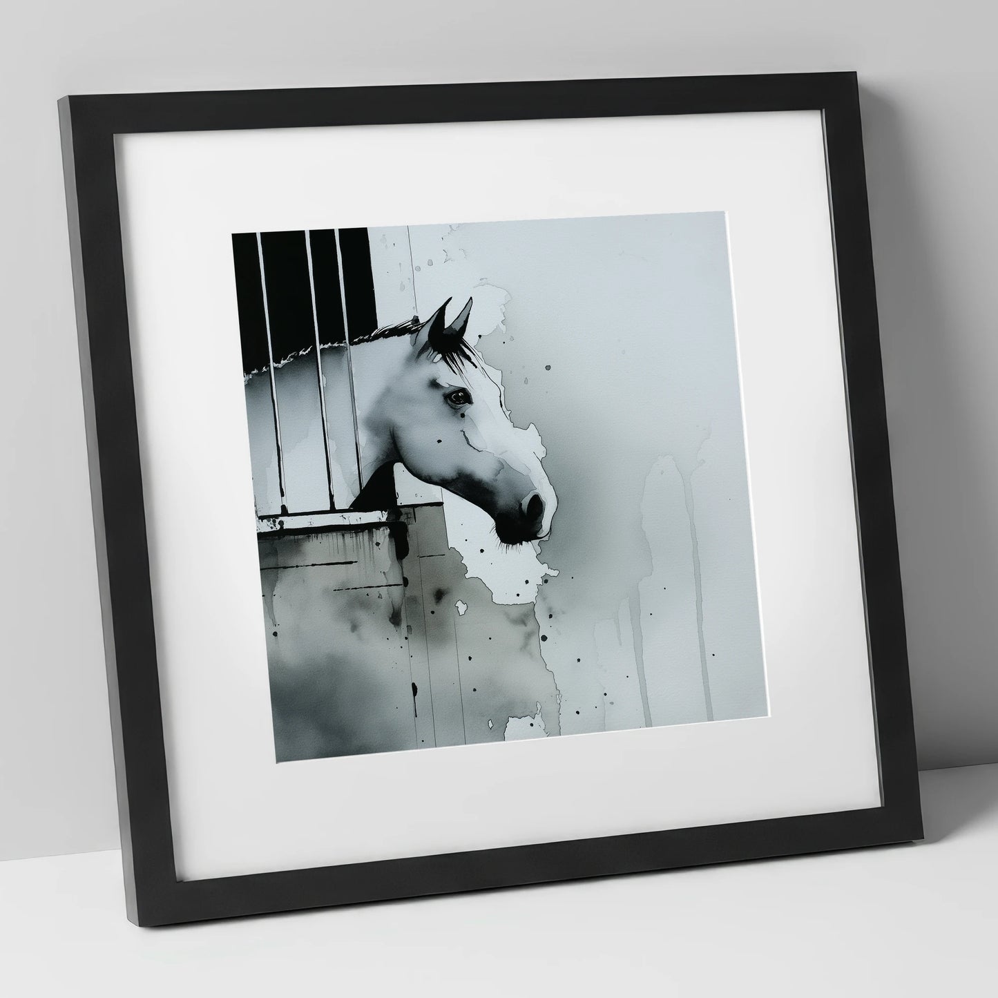 The Quiet Watcher horse stable art print in black frame