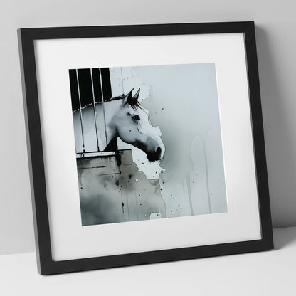 The Quiet Watcher horse stable art print in black frame
