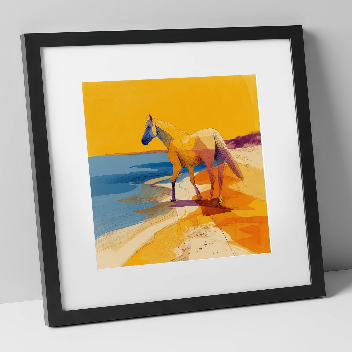 Vibrant Coastal Stride horse landscape art print in black frame
