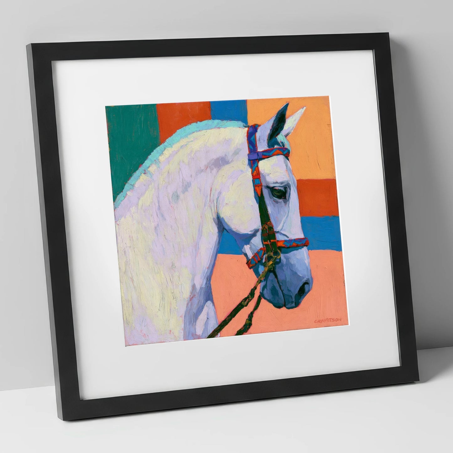Grey Horse With Patterned Bridle horse breed art print in black frame