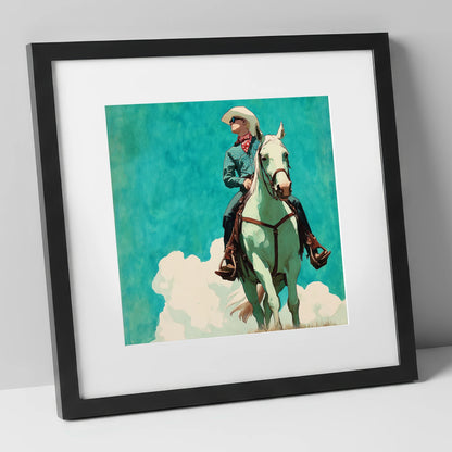 Teal Sky Rider western horse art print in black frame